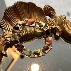 Vintage gold-tone gemstone chip bracelet – mixed natural stone accents
